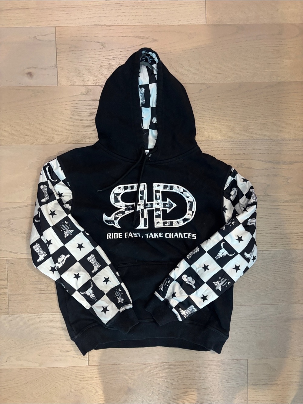 Rocket Donkey Black Hoodie with Checkered Sleeves